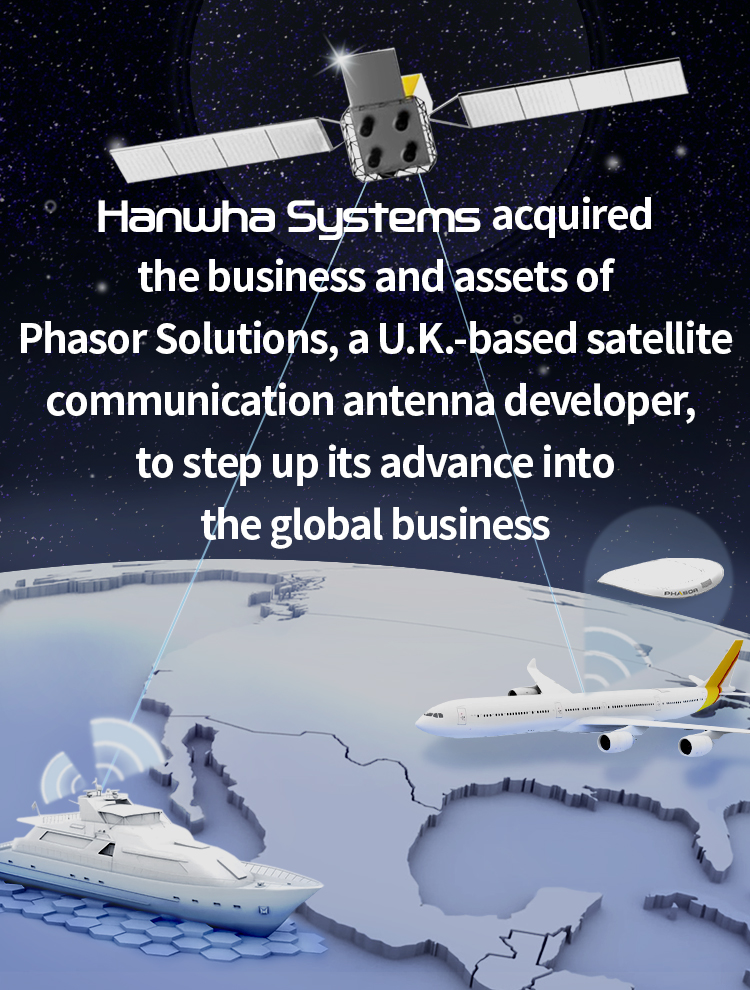 Hanwha Systems acquired the business and assets of Phasor Solutions, a U.K.-based satellite communication antena developer.